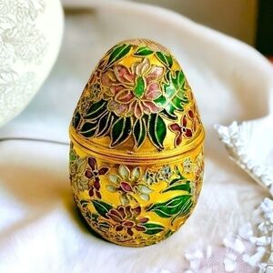 VNTG Gold Cloisonne Egg Trinket Multicolored Enamel Floral Hand Painted Egg Box